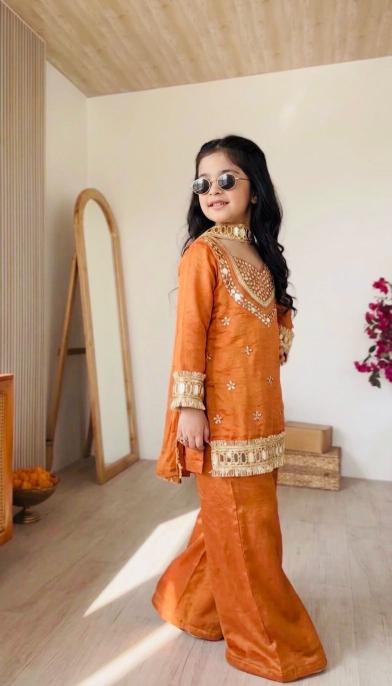 Kids Ethnic Wear Fendy Silk Orange Surat kids wear manufacturers